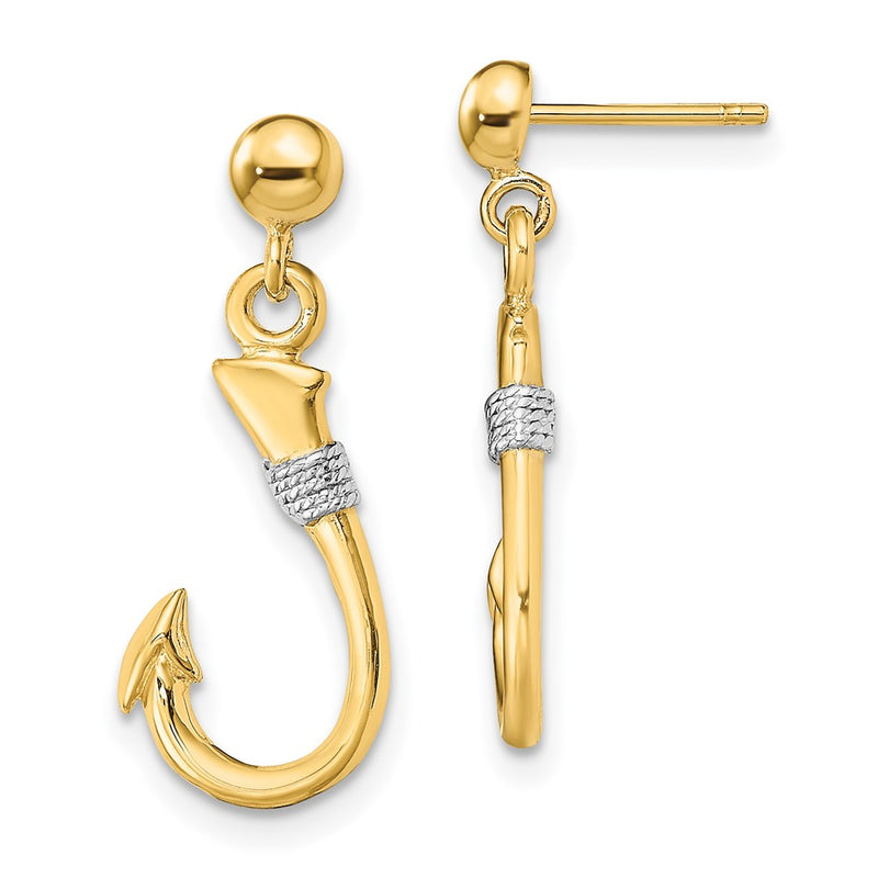 14K Yellow & Rhodium W/Rhodium 3-D Fish Hook W/ Rope Dangle Earrings