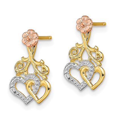 14K Two-Tone W/White Rhodium Hearts And Flower Post Earrings