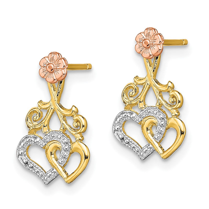14K Two-Tone W/White Rhodium Hearts And Flower Post Earrings