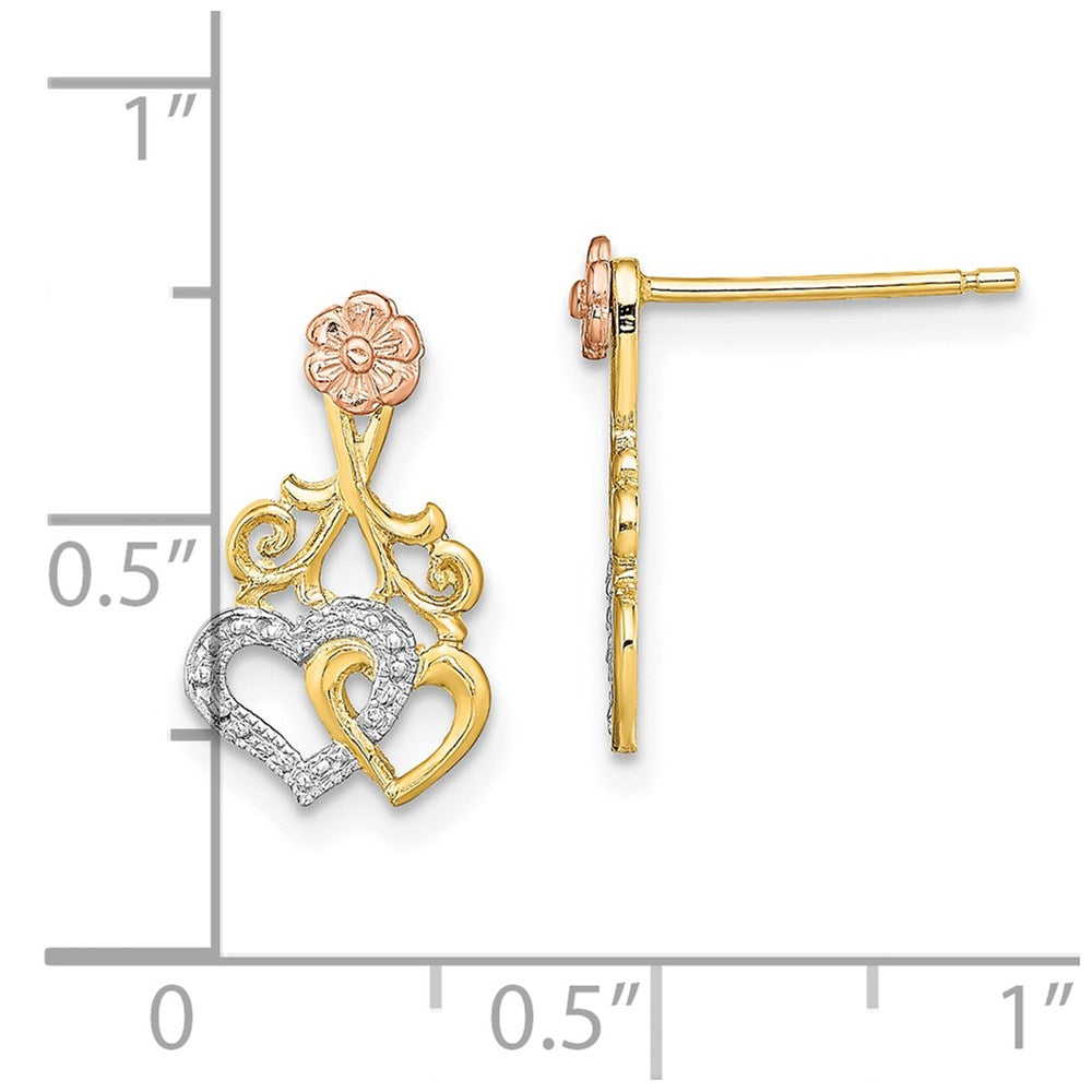 14K Two-Tone W/White Rhodium Hearts And Flower Post Earrings