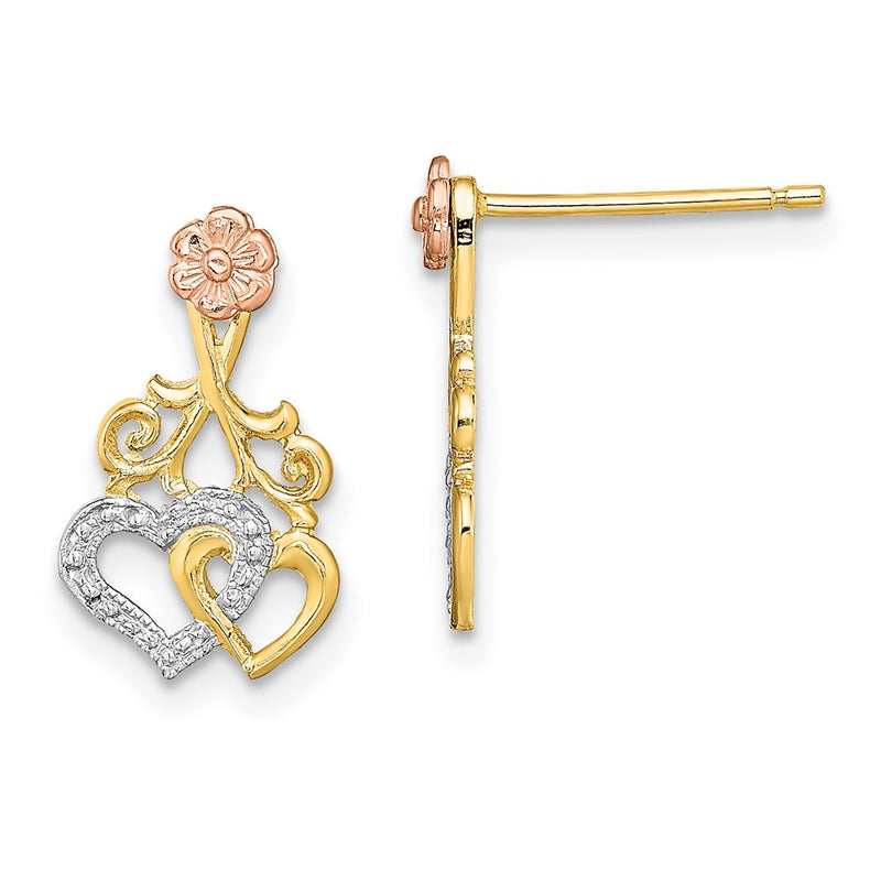 14K Two-Tone W/White Rhodium Hearts And Flower Post Earrings