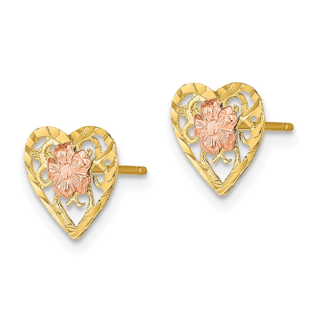 14K Two-Tone D/C Heart And Flower Earrings