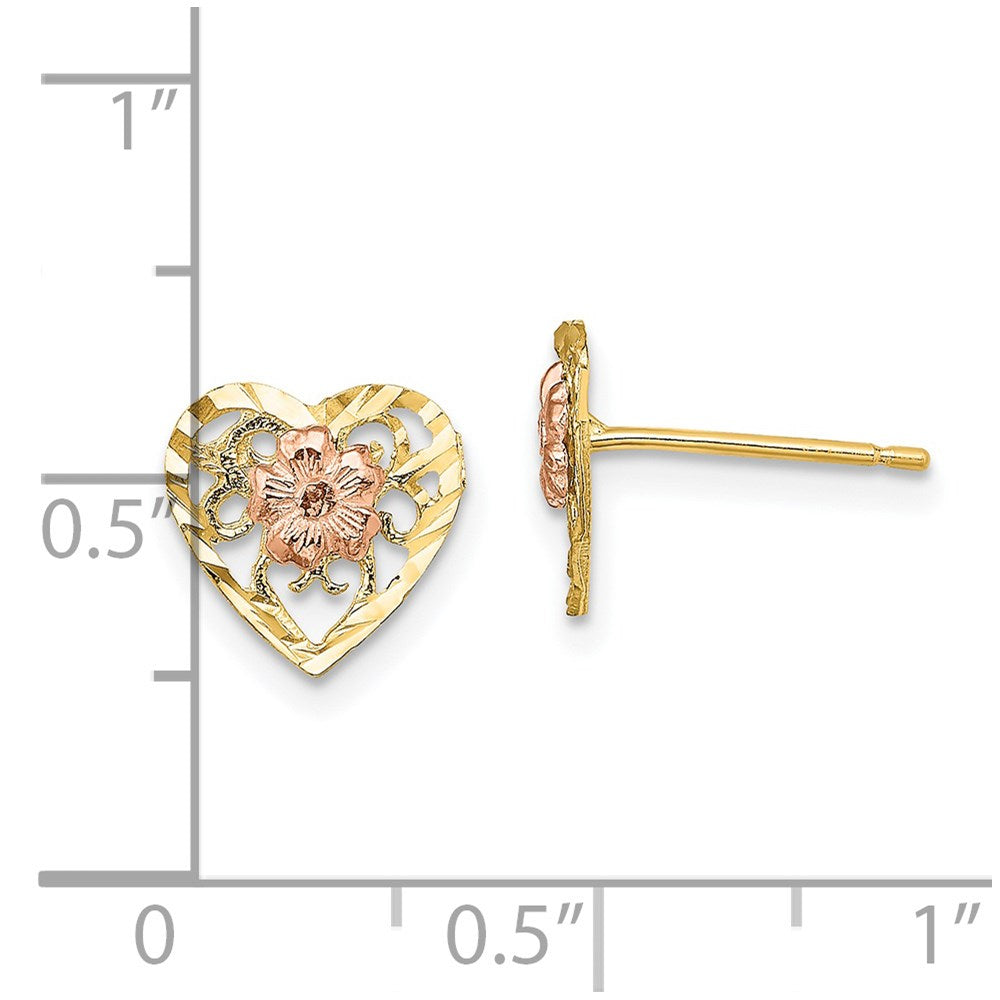 14K Two-Tone D/C Heart And Flower Earrings