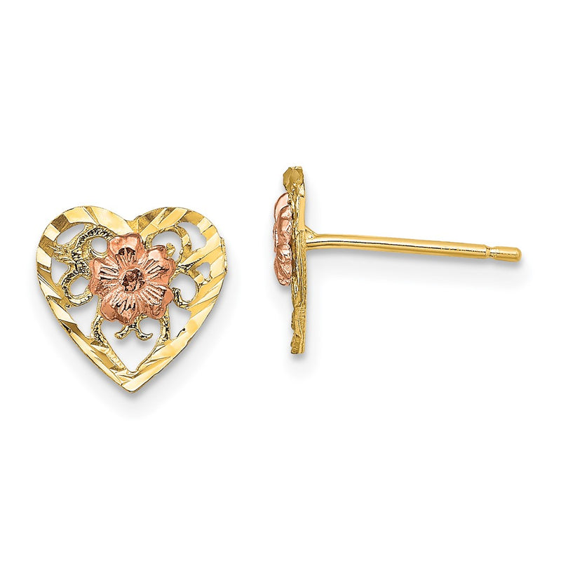 14K Two-Tone D/C Heart And Flower Earrings