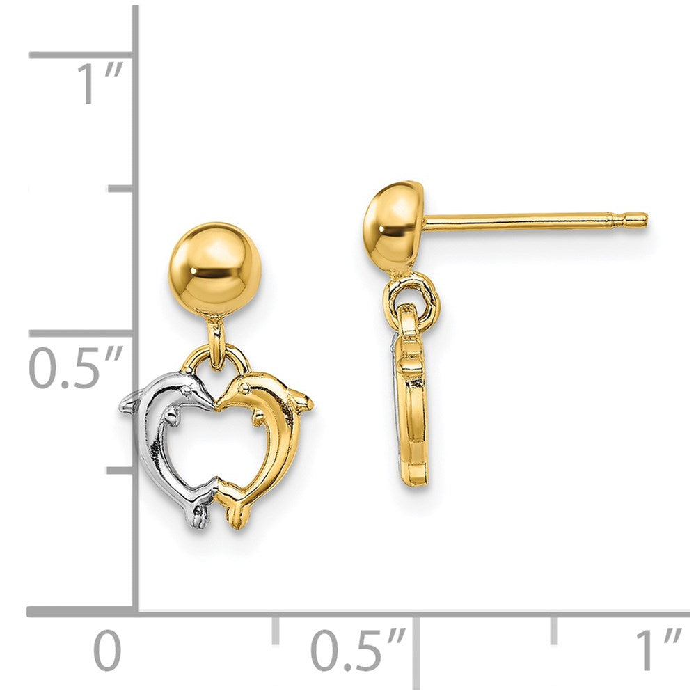 14K Yellow & Rhodium W/ Dolphin Dangle Earrings