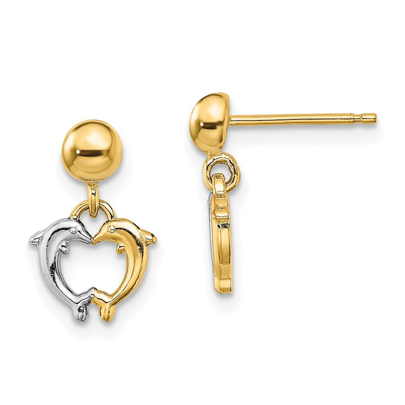 14K Yellow & Rhodium W/ Dolphin Dangle Earrings