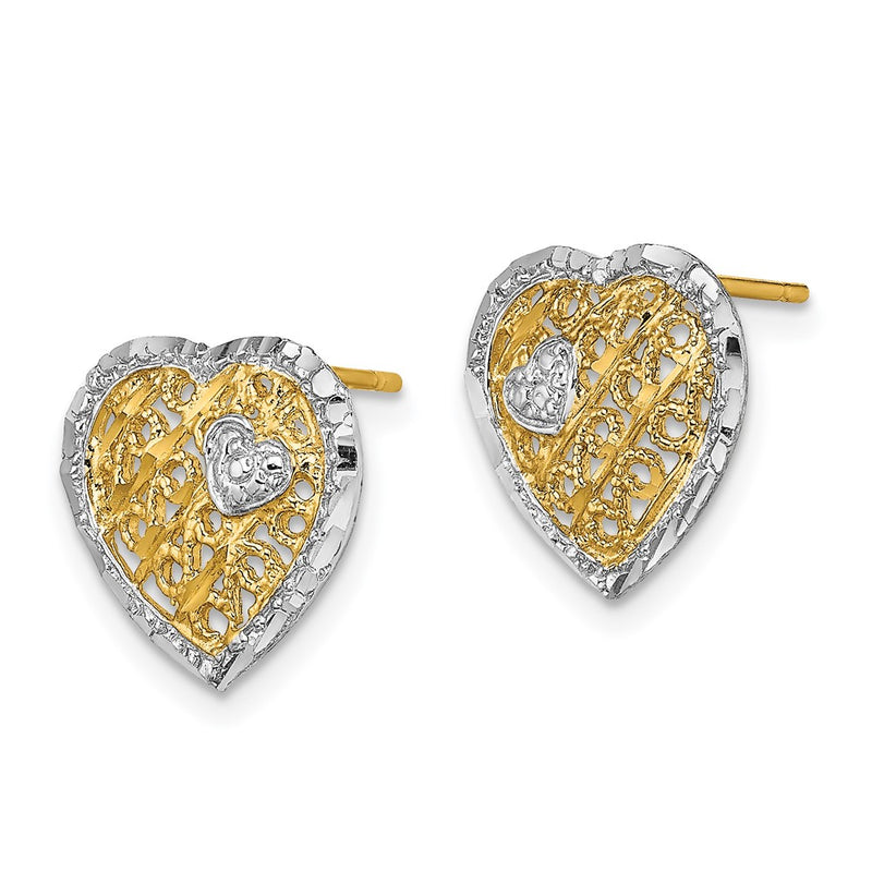 14K Yellow & Rhodium W/ Rh Filigree Heart Post Earrings
