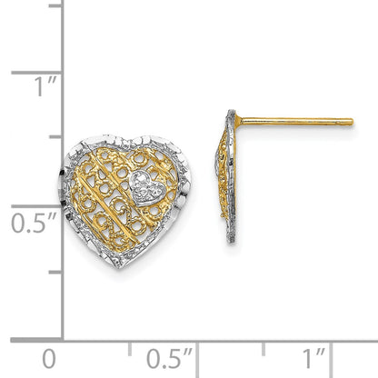 14K Yellow & Rhodium W/ Rh Filigree Heart Post Earrings