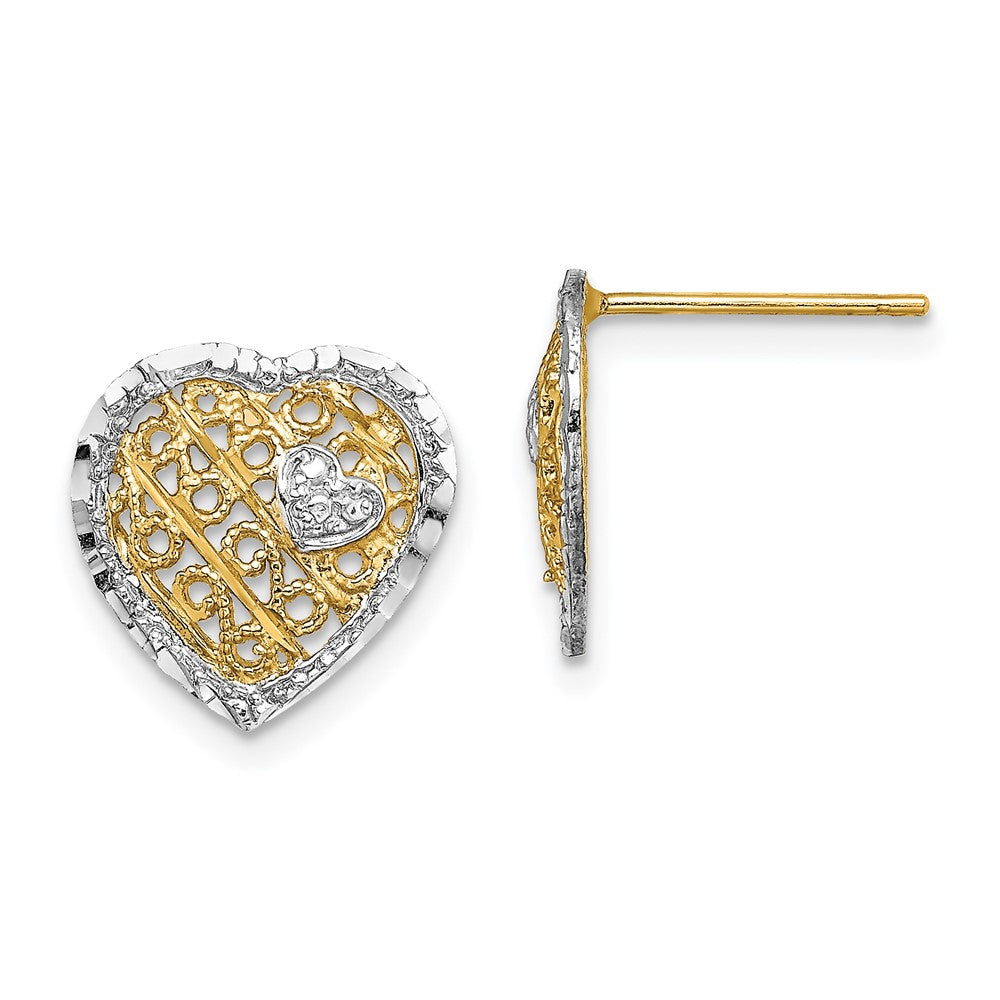 14K Yellow & Rhodium W/ Rh Filigree Heart Post Earrings