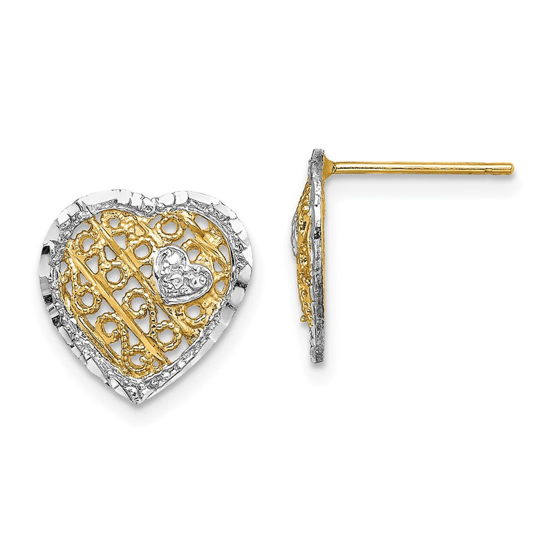 14K Yellow & Rhodium W/ Rh Filigree Heart Post Earrings