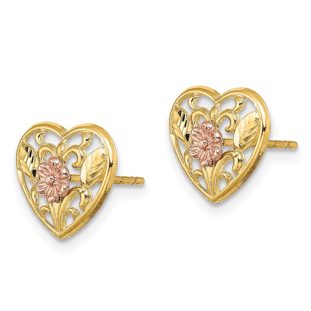 14K Two-Tone Polished Floral In Heart Post Earrings