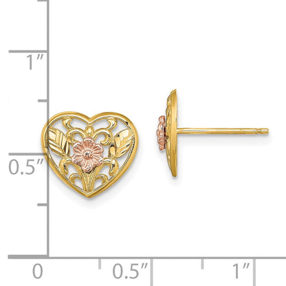 14K Two-Tone Polished Floral In Heart Post Earrings