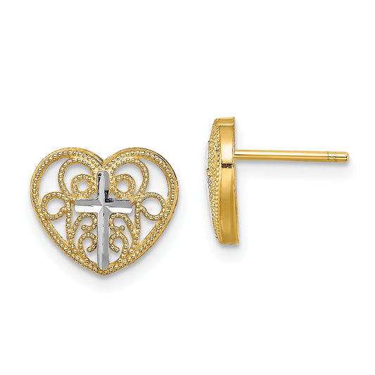 14K Yellow & Rhodium W/Rhodium Filigree Cross Center Heart Post Earrings