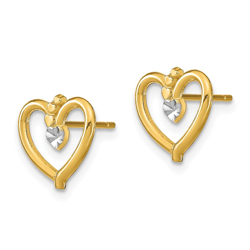 14K Yellow & Rhodium W/ D/C Heart Post Earrings