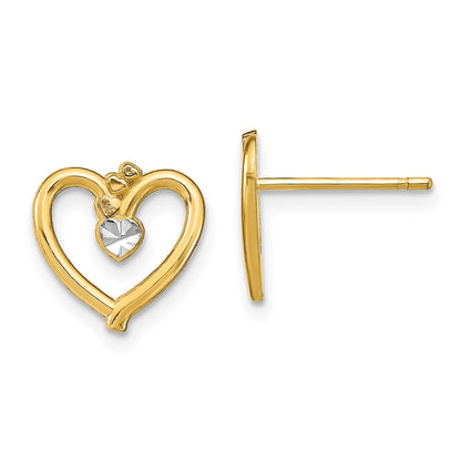14K Yellow & Rhodium W/ D/C Heart Post Earrings