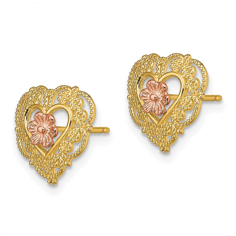 14K Two-Tone W/ Lace Trim And Flower Heart Post Earrings