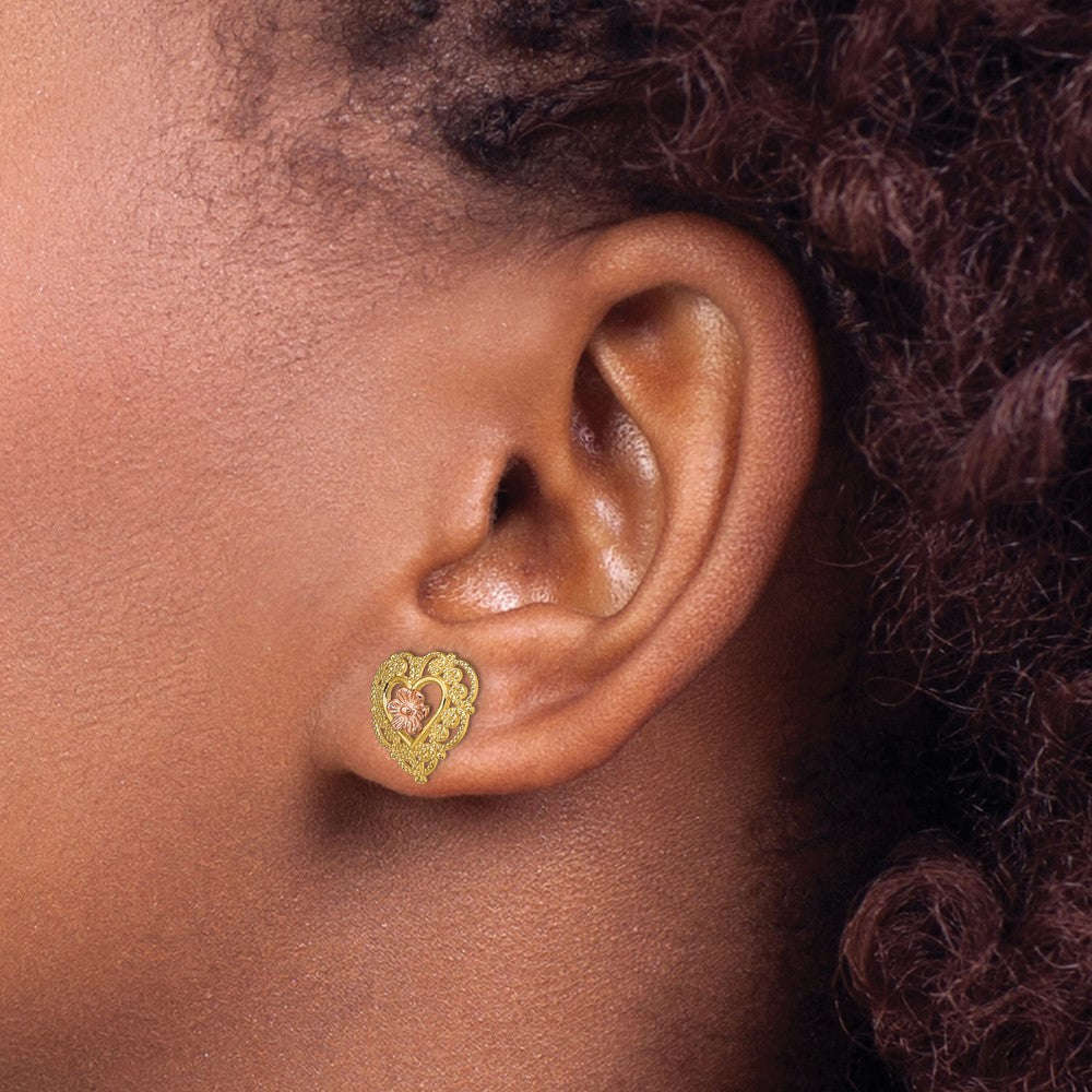 14K Two-Tone W/ Lace Trim And Flower Heart Post Earrings