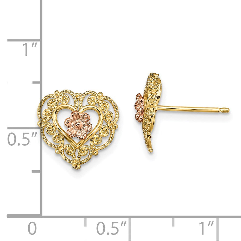 14K Two-Tone W/ Lace Trim And Flower Heart Post Earrings
