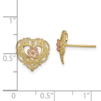 14K Two-Tone W/ Lace Trim And Flower Heart Post Earrings