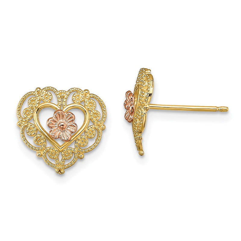 14K Two-Tone W/ Lace Trim And Flower Heart Post Earrings