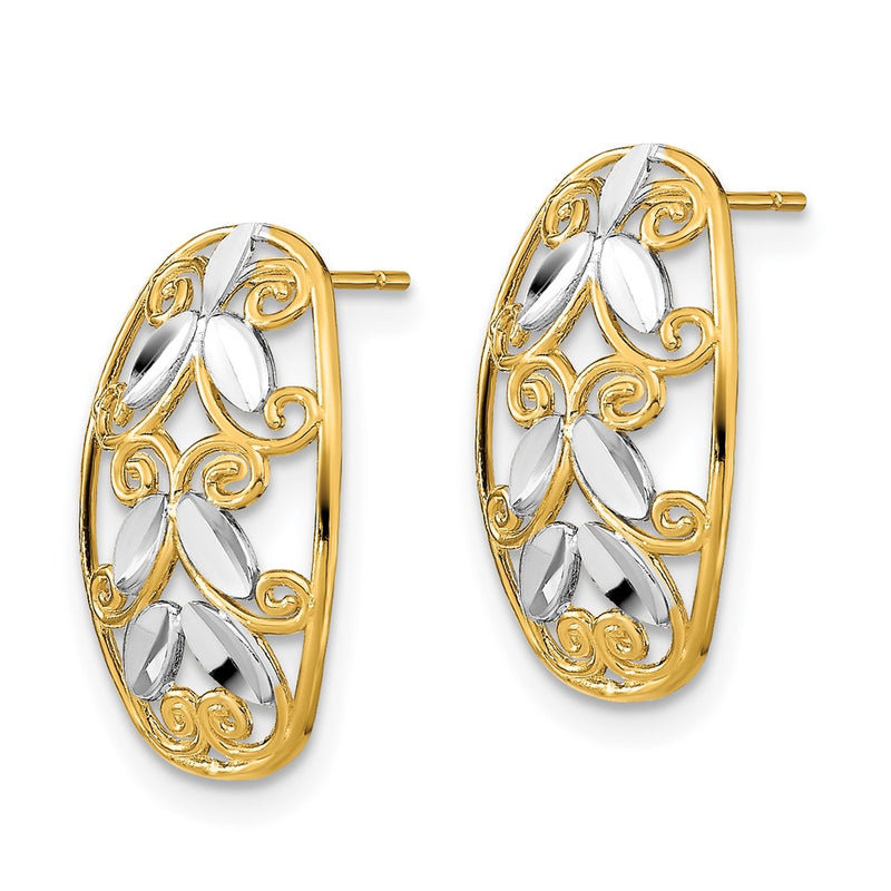 14K Yellow & Rhodium W/Rhodium Oval D/C Filigree Post Dangle Earrings