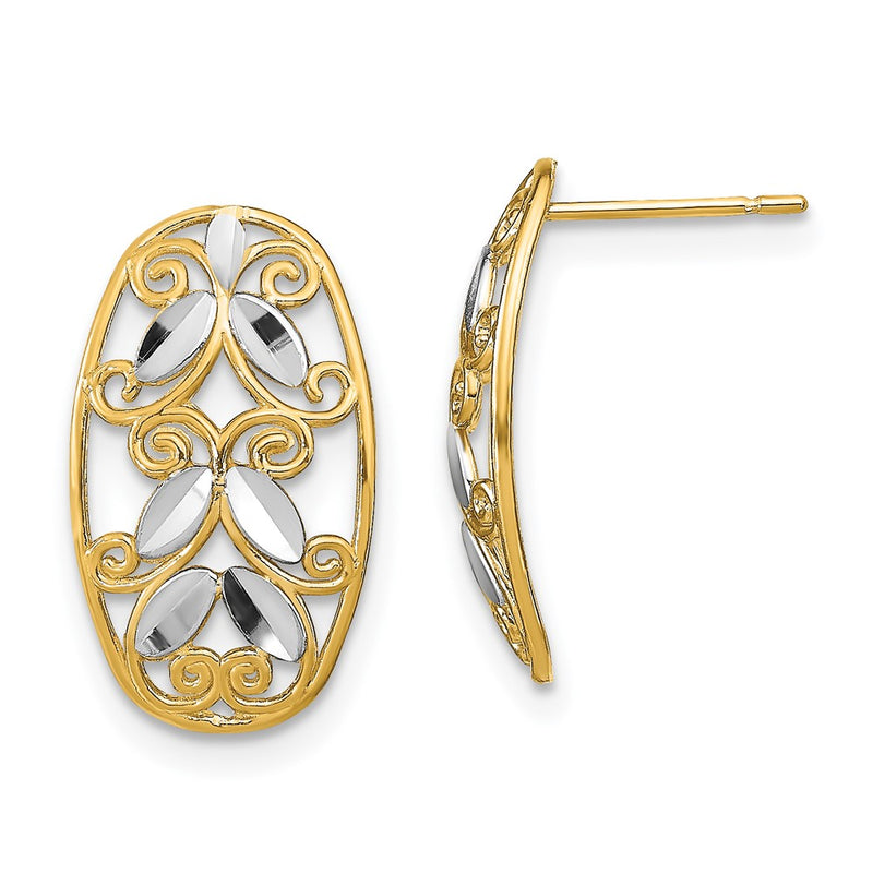 14K Yellow & Rhodium W/Rhodium Oval D/C Filigree Post Dangle Earrings