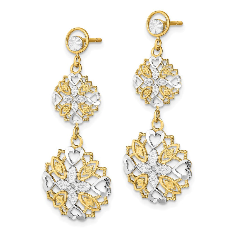 14K Yellow & Rhodium W/ D/C Flower Heart Dangle Earrings