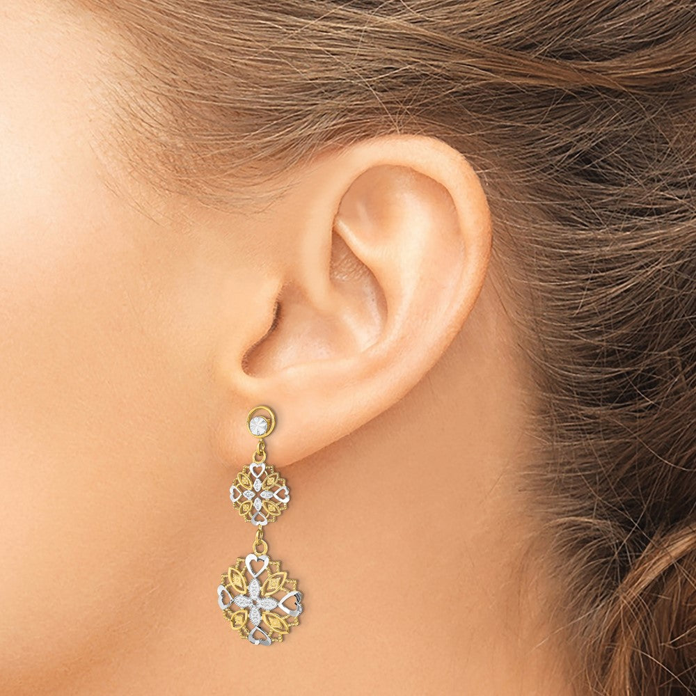 14K Yellow & Rhodium W/ D/C Flower Heart Dangle Earrings