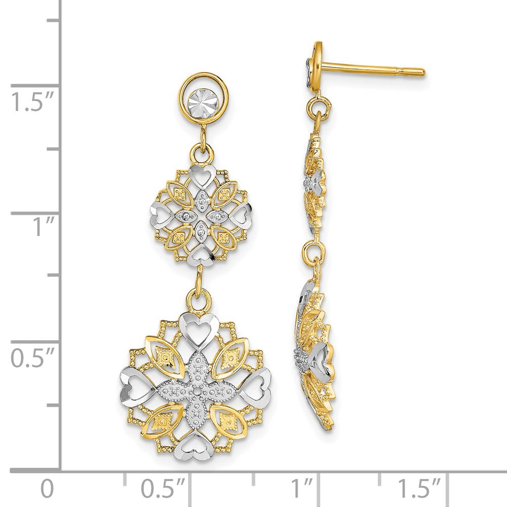 14K Yellow & Rhodium W/ D/C Flower Heart Dangle Earrings