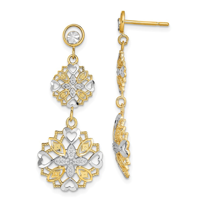 14K Yellow & Rhodium W/ D/C Flower Heart Dangle Earrings