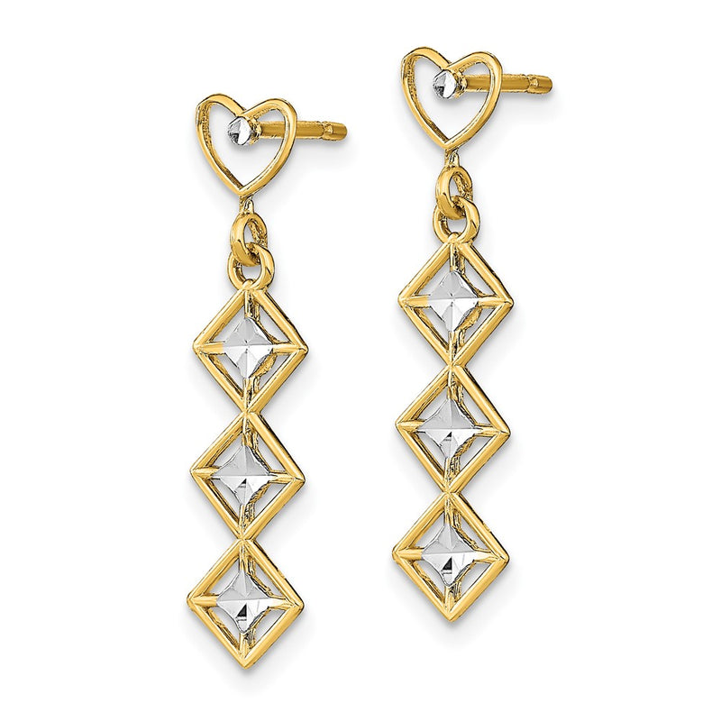 14K Yellow & Rhodium W/Rh D/C Heart And Diamond Shape Post Dangle Earrings