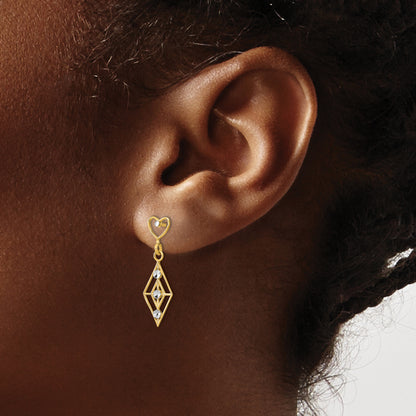 14K Yellow & Rhodium W/Rh Dia.-Cut Diamond Shape Heart Dangle Earrings