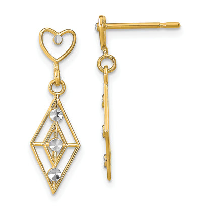 14K Yellow & Rhodium W/Rh Dia.-Cut Diamond Shape Heart Dangle Earrings