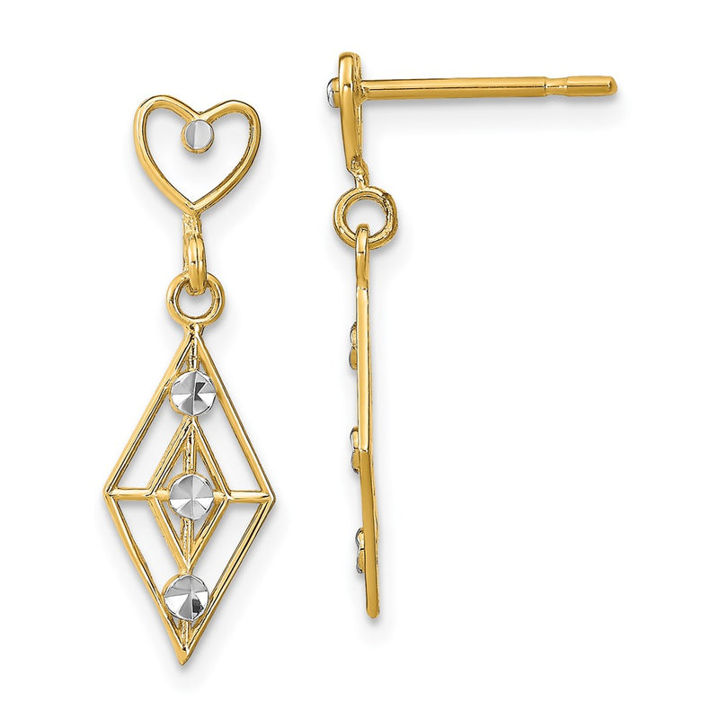 14K Yellow & Rhodium W/Rh Dia.-Cut Diamond Shape Heart Dangle Earrings