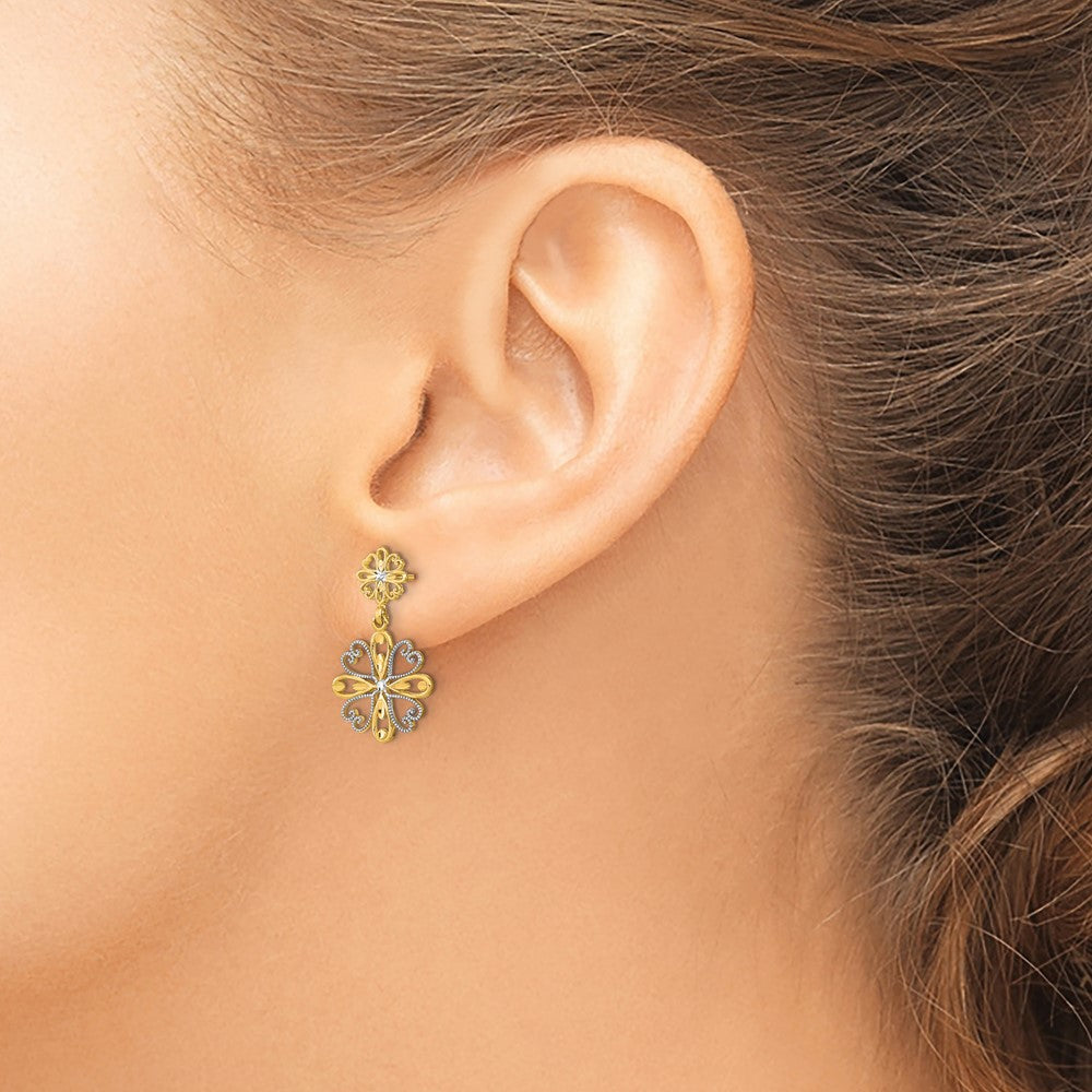 14K Yellow & Rhodium W/Rhodium Beaded Heart Petal Floral Dangle Earrings