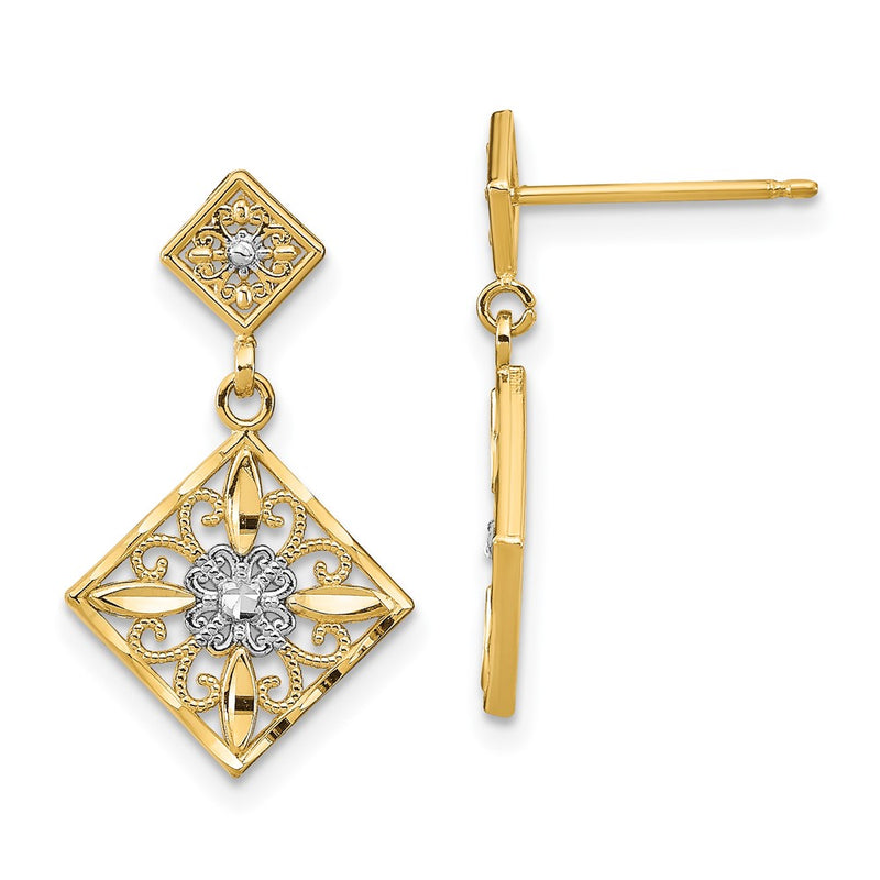14K Yellow & Rhodium W/Rhodium D/C Square Filigree Dangle Earrings