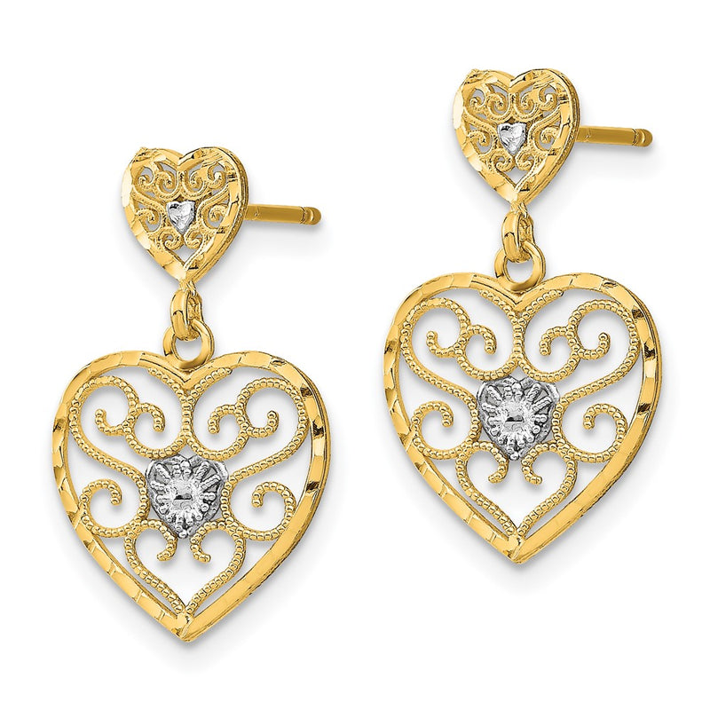 14K Yellow & Rhodium W/ Rh Heart Beaded Filigree Dangle Earrings