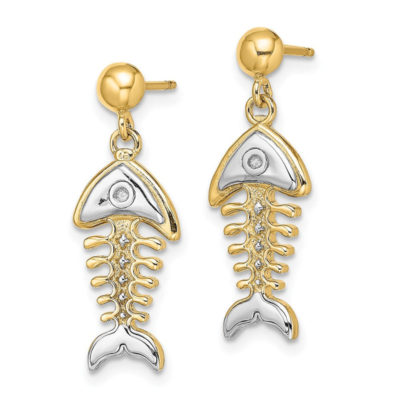 14K Yellow & Rhodium W/ Fishbone Dangle Earrings