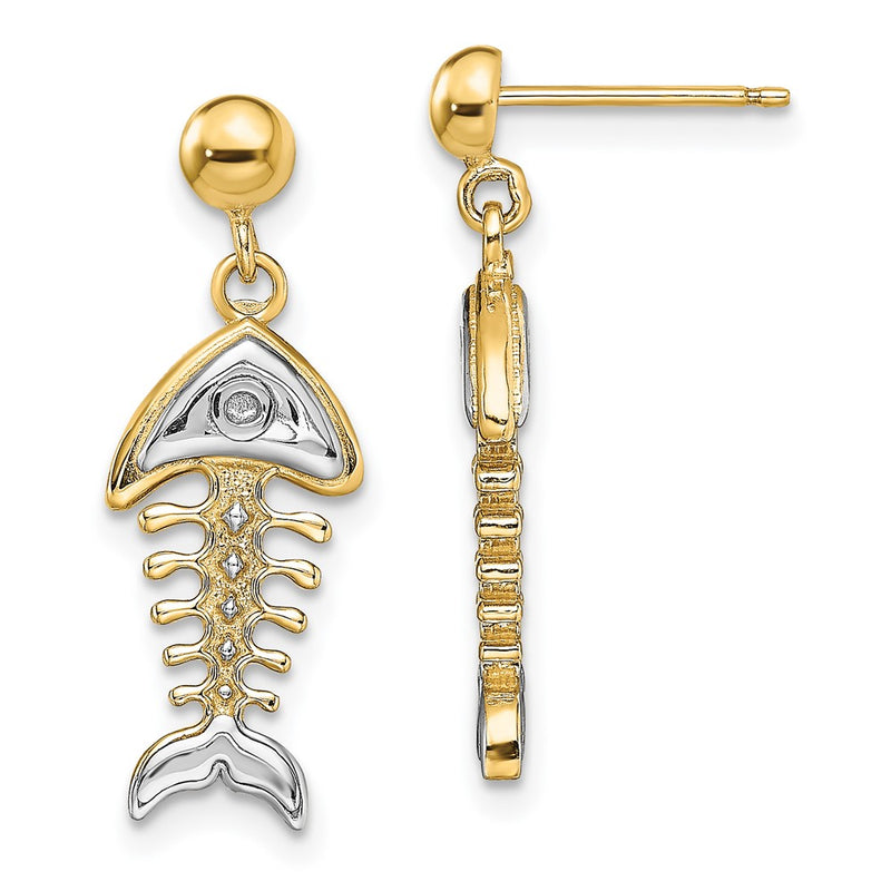 14K Yellow & Rhodium W/ Fishbone Dangle Earrings