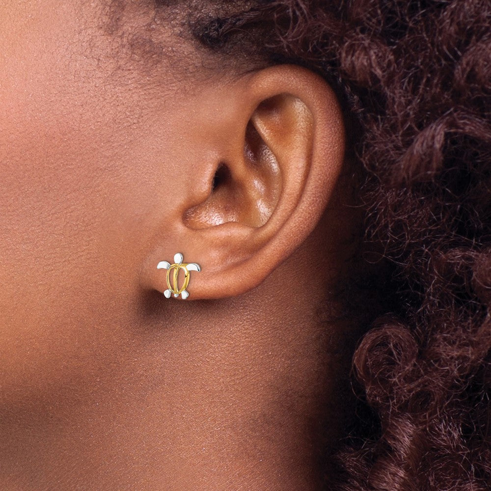 14K Yellow & Rhodium W/ Sea Turtle Post Earrings