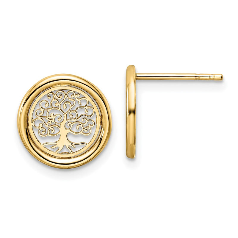 14K Yellow Gold Polished Tree Of Life In Circle Post Earrings