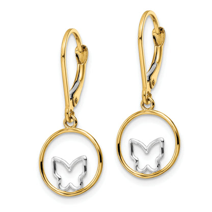 14K Yellow & Rhodium W/Rhodium Butterfly In Circle Leverback Dangle Earrings