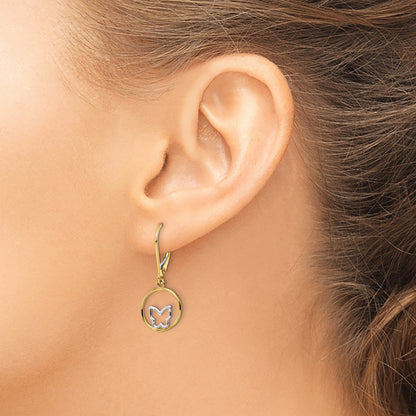 14K Yellow & Rhodium W/Rhodium Butterfly In Circle Leverback Dangle Earrings