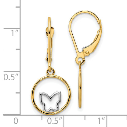 14K Yellow & Rhodium W/Rhodium Butterfly In Circle Leverback Dangle Earrings