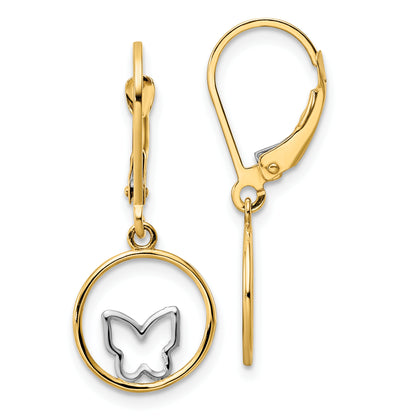 14K Yellow & Rhodium W/Rhodium Butterfly In Circle Leverback Dangle Earrings
