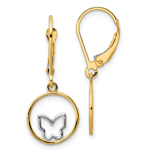 14K Yellow & Rhodium W/Rhodium Butterfly In Circle Leverback Dangle Earrings