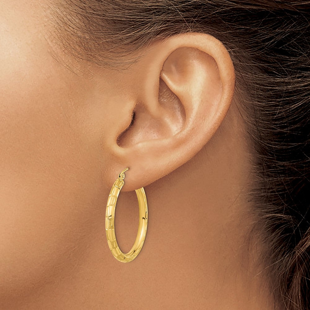 14K Yellow Gold Polished Satin And Diamond-Cut Hoop Earrings