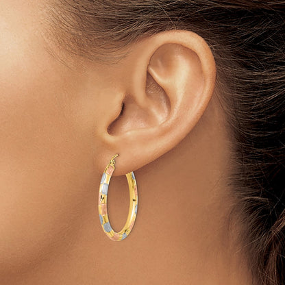 14K Yellow & Rhodium W/ White And Rose Polished Satin Diamond-Cut Hoop Earrings