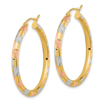 14K Yellow & Rhodium W/ White And Rose Polished Satin Diamond-Cut Hoop Earrings
