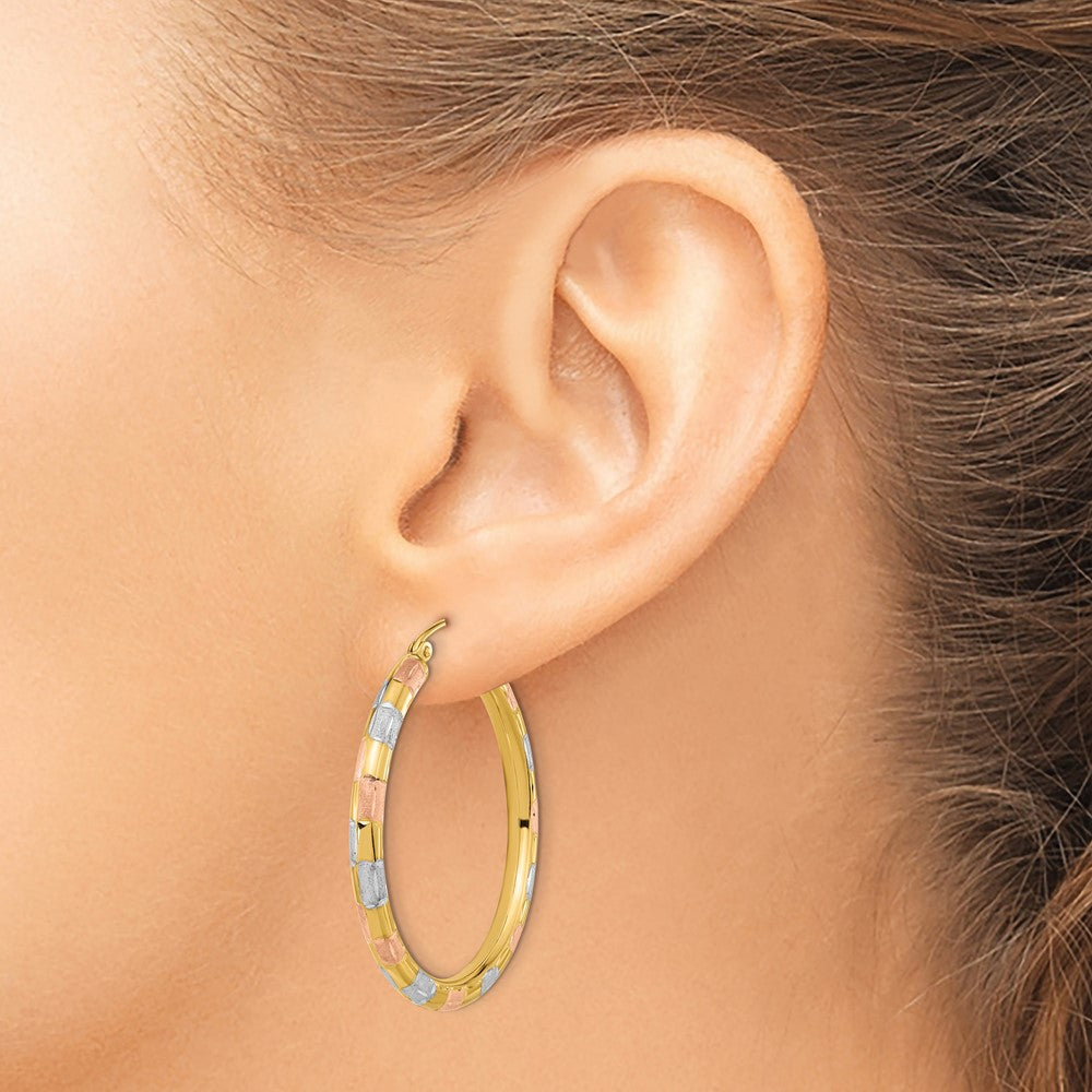 14K Yellow & Rhodium W/ White And Rose Polished Satin Diamond-Cut Hoop Earrings